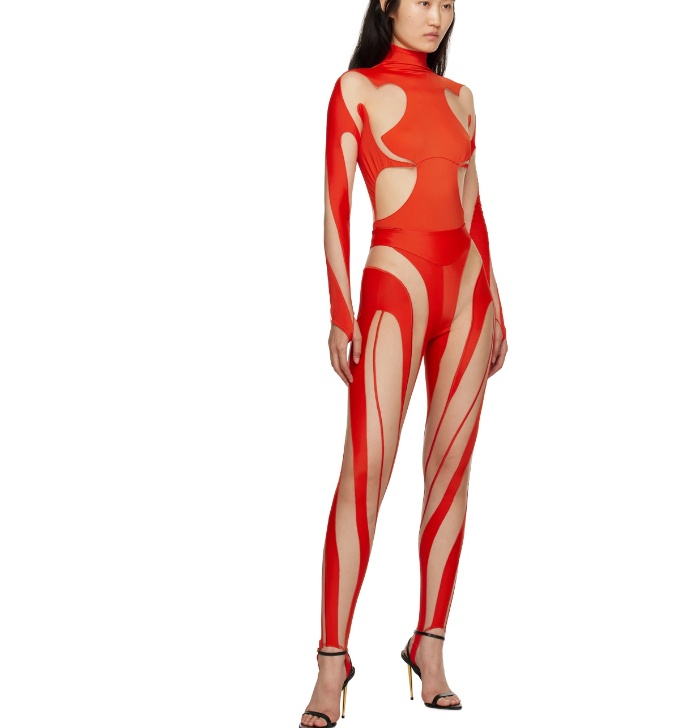 Mugler Long Sleeved Hollowed-out Jumpsuit In Red