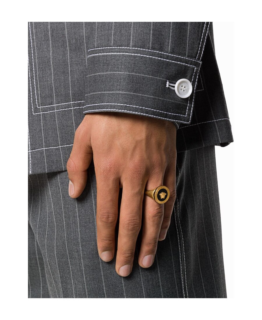 Versace Gold Round Enameled Medusa Ring In Yellow