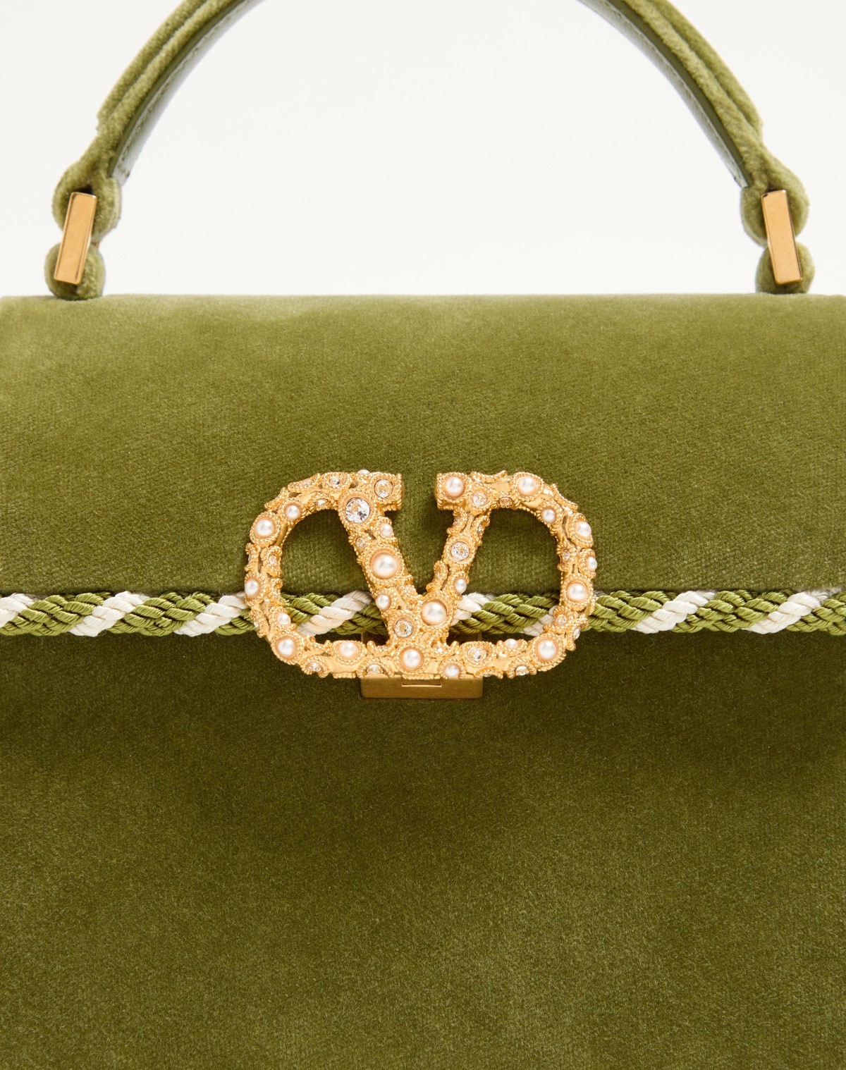 Valentino Garavani Mini Vsling Handbag In Velvet With Jewel Logo In Green