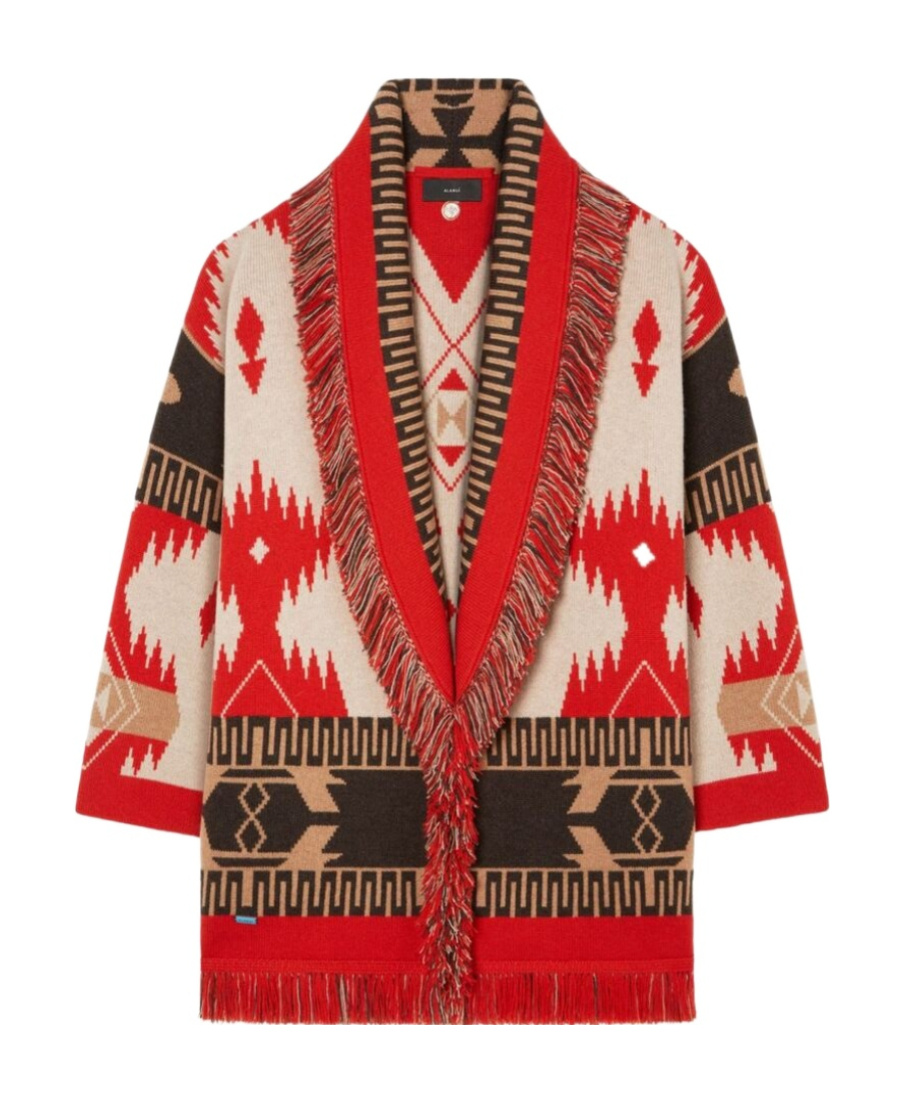 Alanui Icon Jacquard Belted Fringed Cardigan In Red
