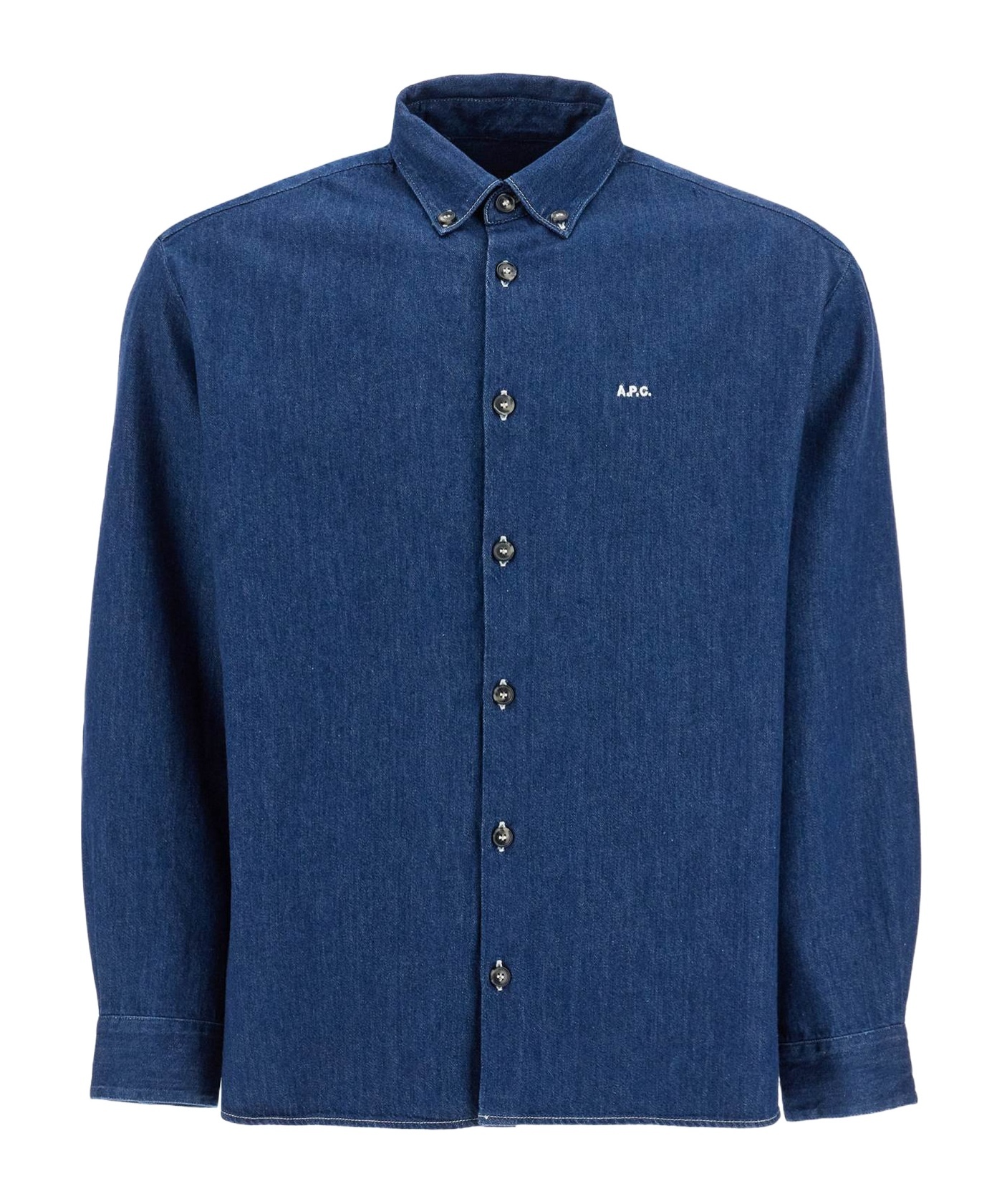 Apc A.p.c. Button-down Denim Shirt With Logo Detail In Blue