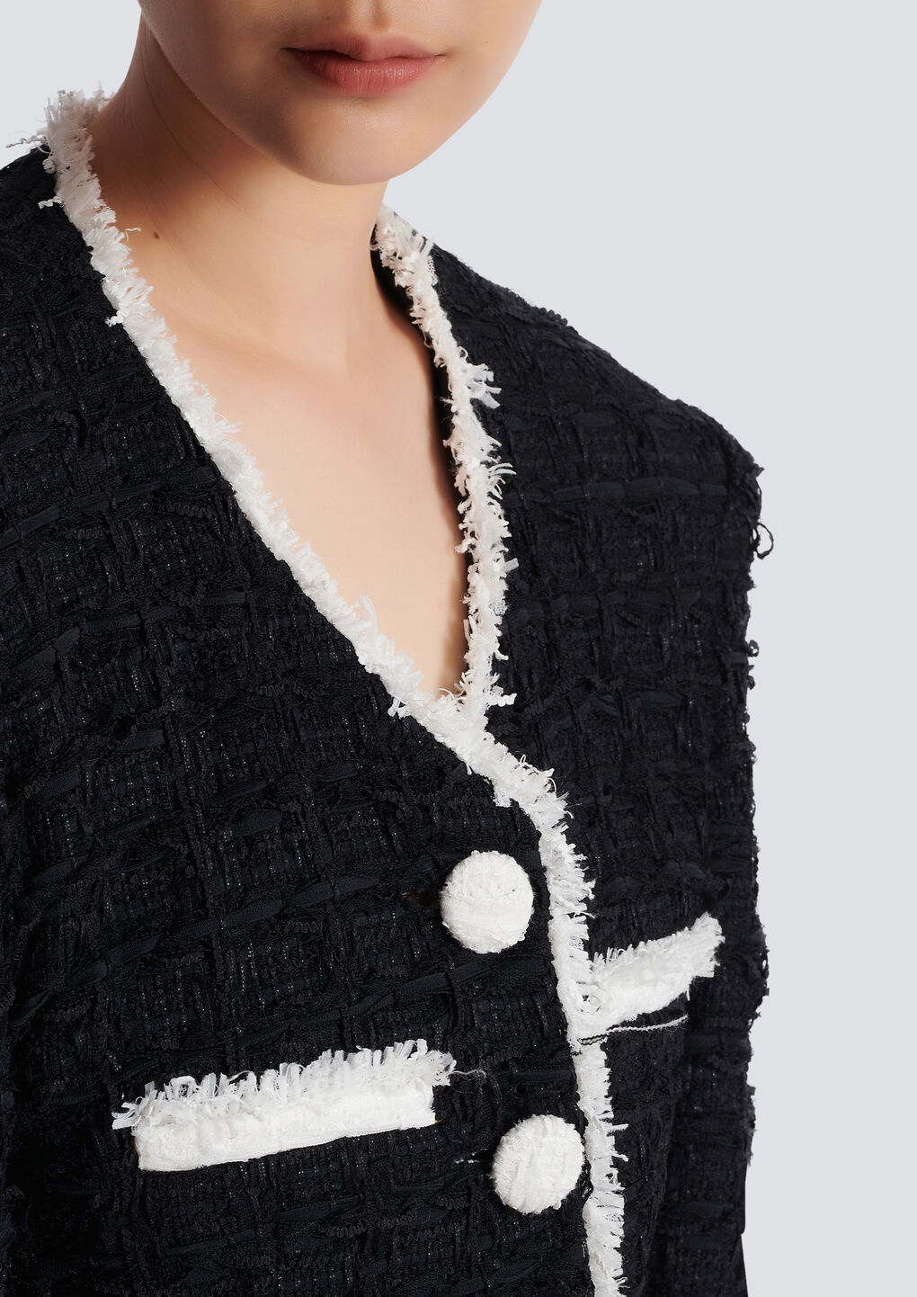 Shop Balmain Short Tweed Jacket With Contrasting Details In Black