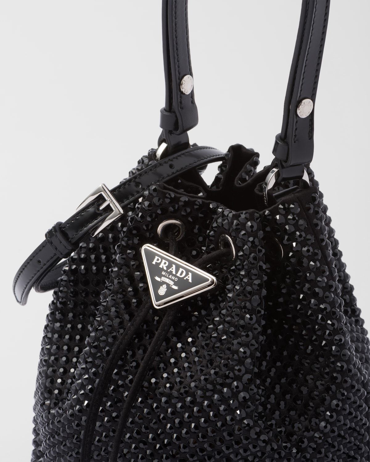 Prada Womens Black Crystal-embellished Mini Satin Shoulder Bag In Black