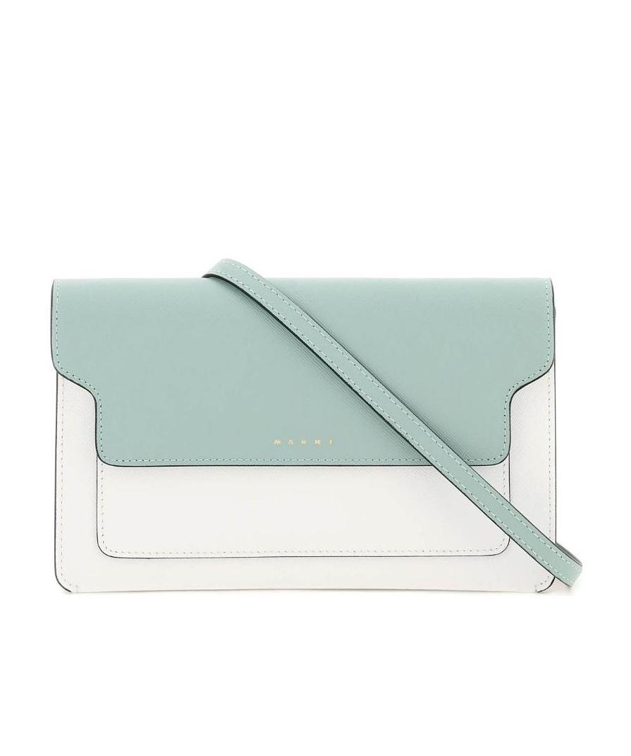 MARNI TRUNK CLUTCH IN LIGHT GREEN WHITE AND BROWN SAFFIANO LEATHER