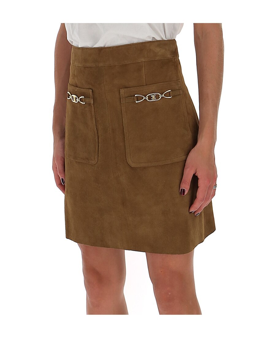 Celine Mini Skirt Signature In Suede In Brown