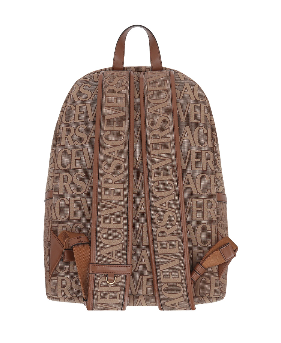 Versace All-over Logo Backpack In Beige