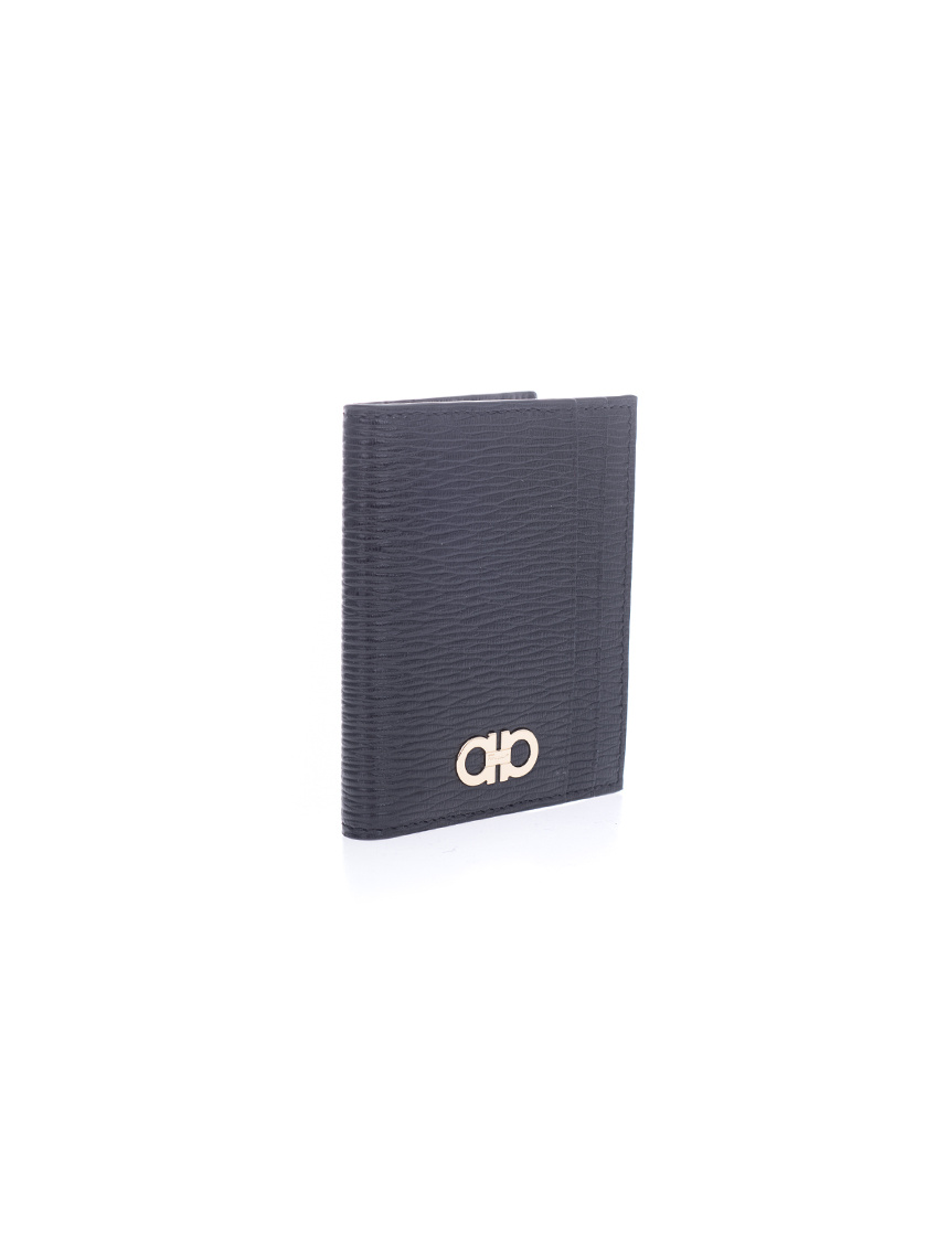 Ferragamo Black Cardholder With Gold-tone Gancini Logo In Calf Leather Man In Black