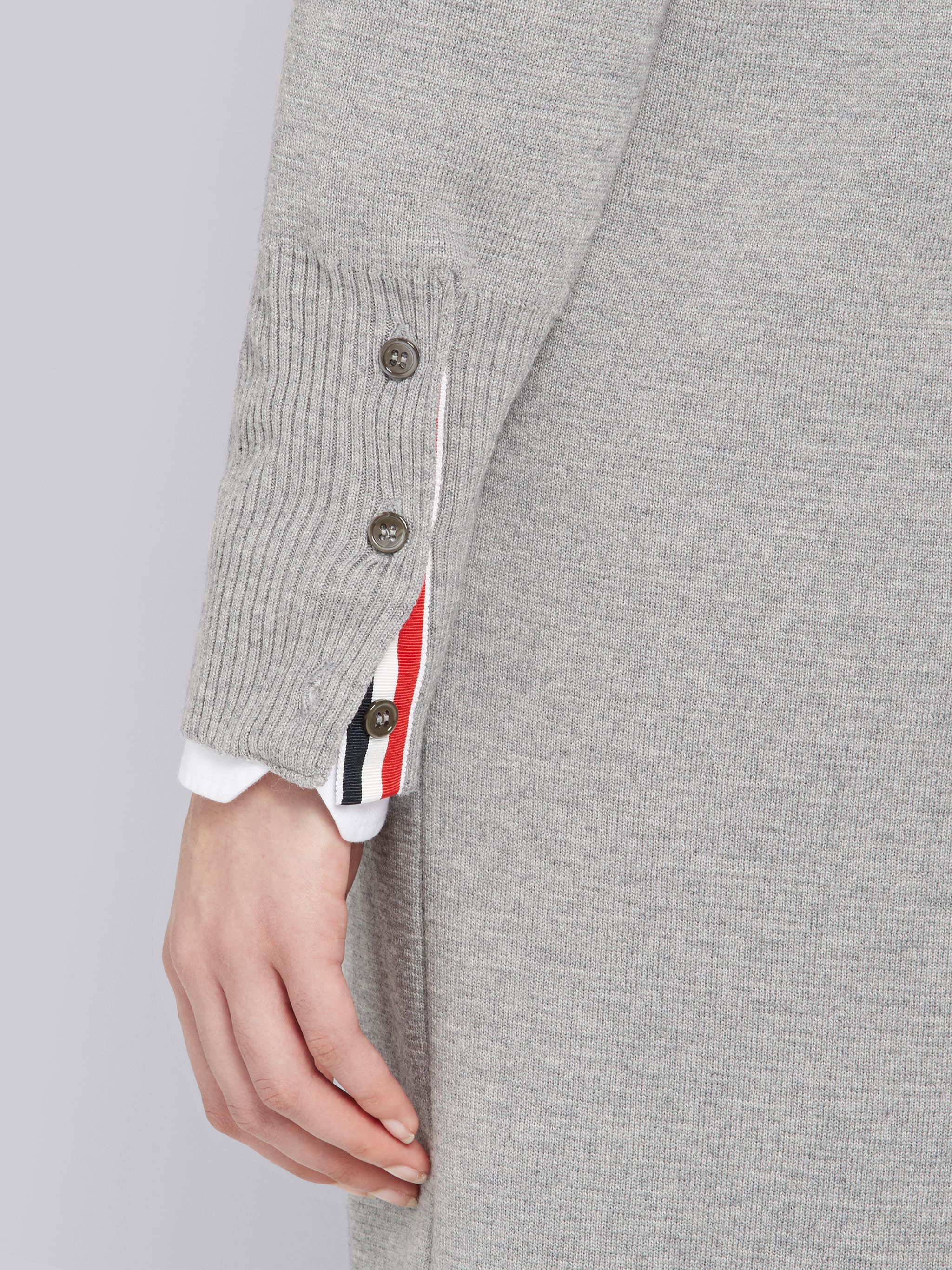 Thom Browne Virgn Wool Cardigan Dress With Sporty Stripe Detail In Gray