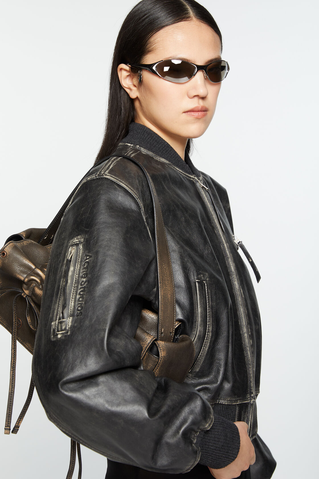 Acne Studios Aged Leather Bomber Jacket With Distressed Treatment In Black