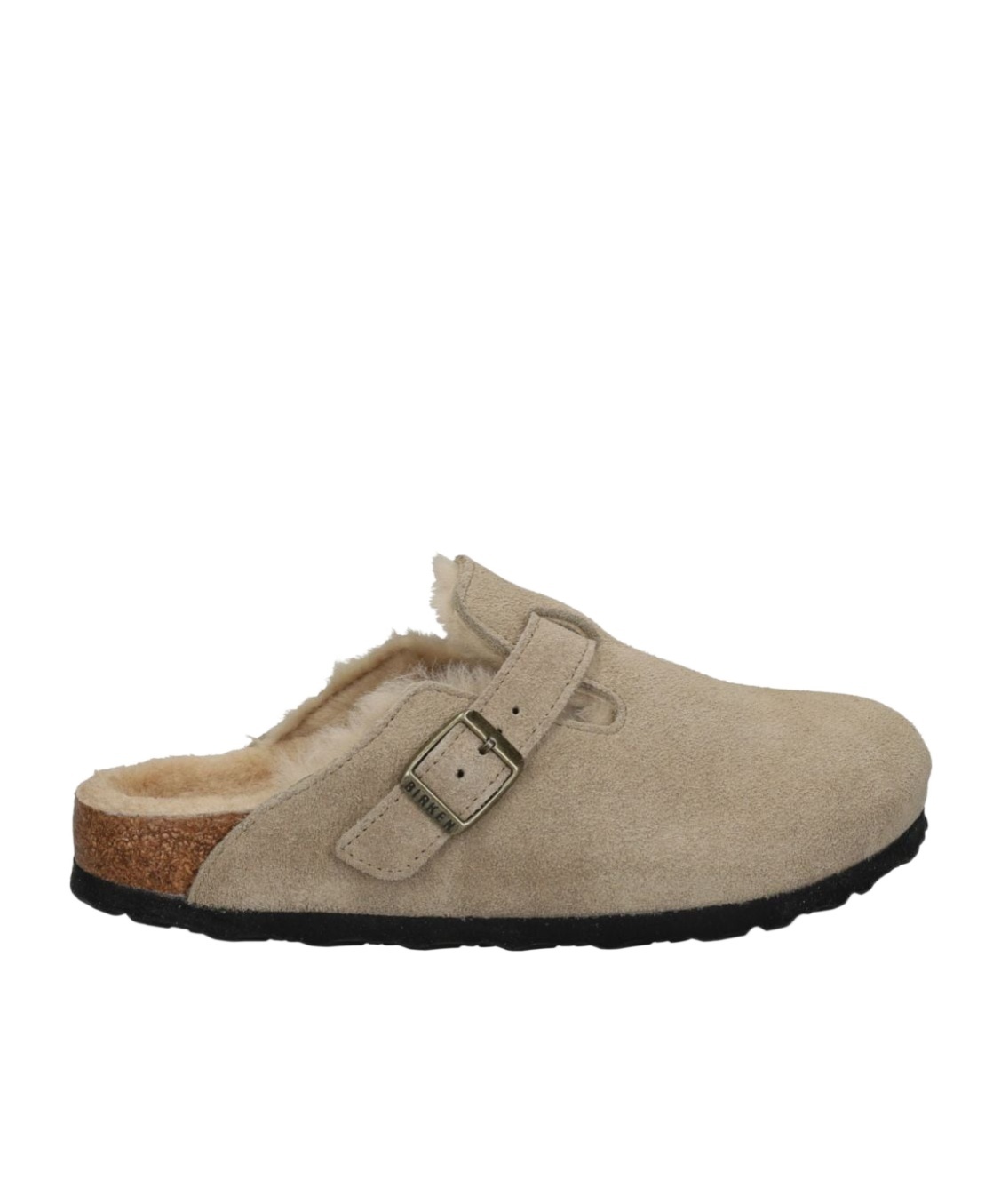 Birkenstock Boston Suede Shearling Buckle Slide Clogs In Nude