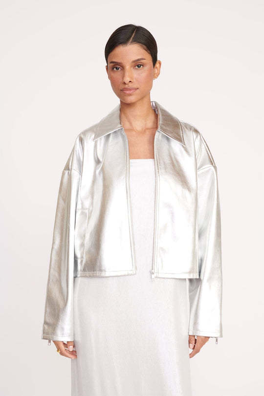 Staud Lennox Metallic Zip Jacket In White