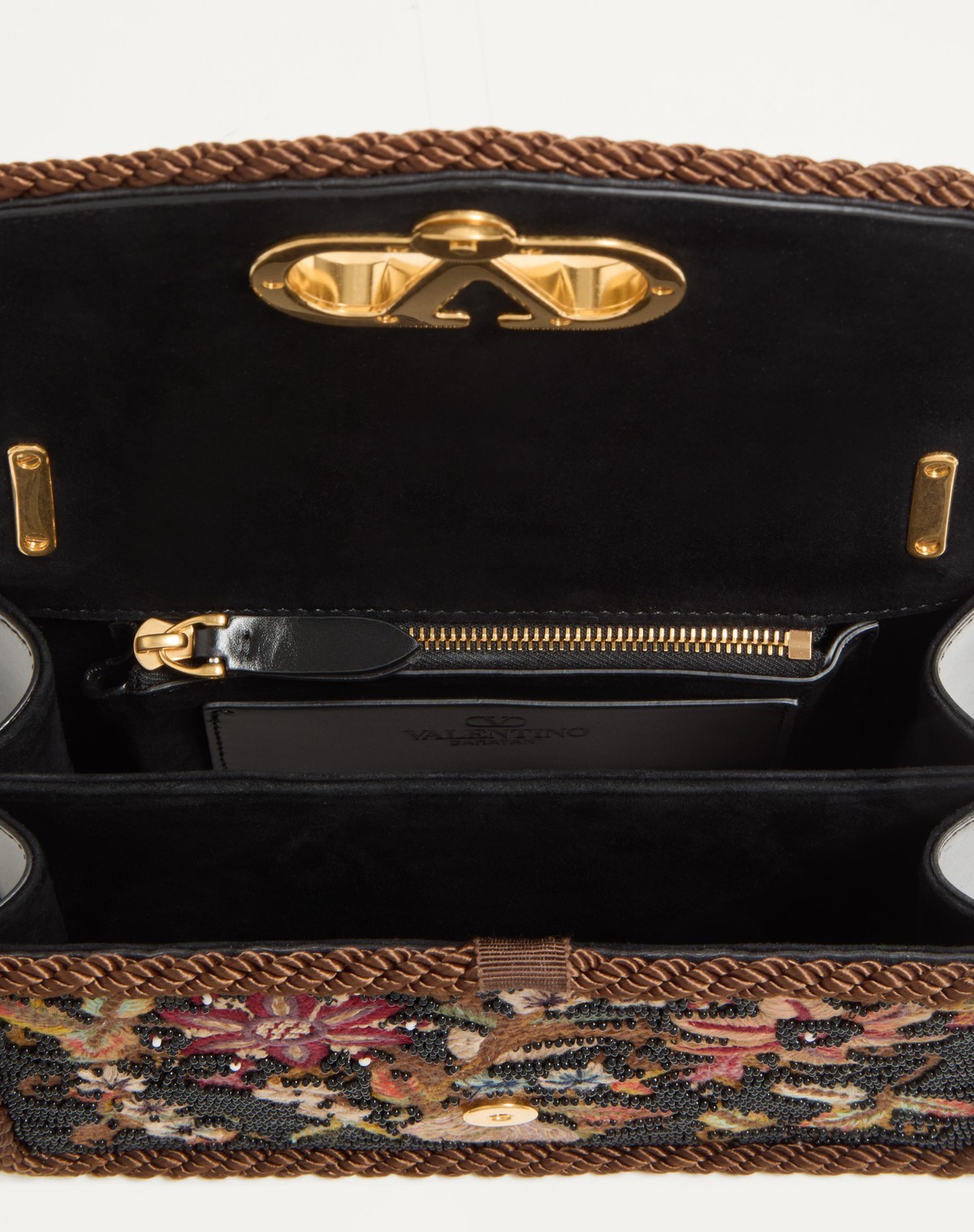 Valentino Vain Embroidered Foldover Top Shoulder Bag In Brown