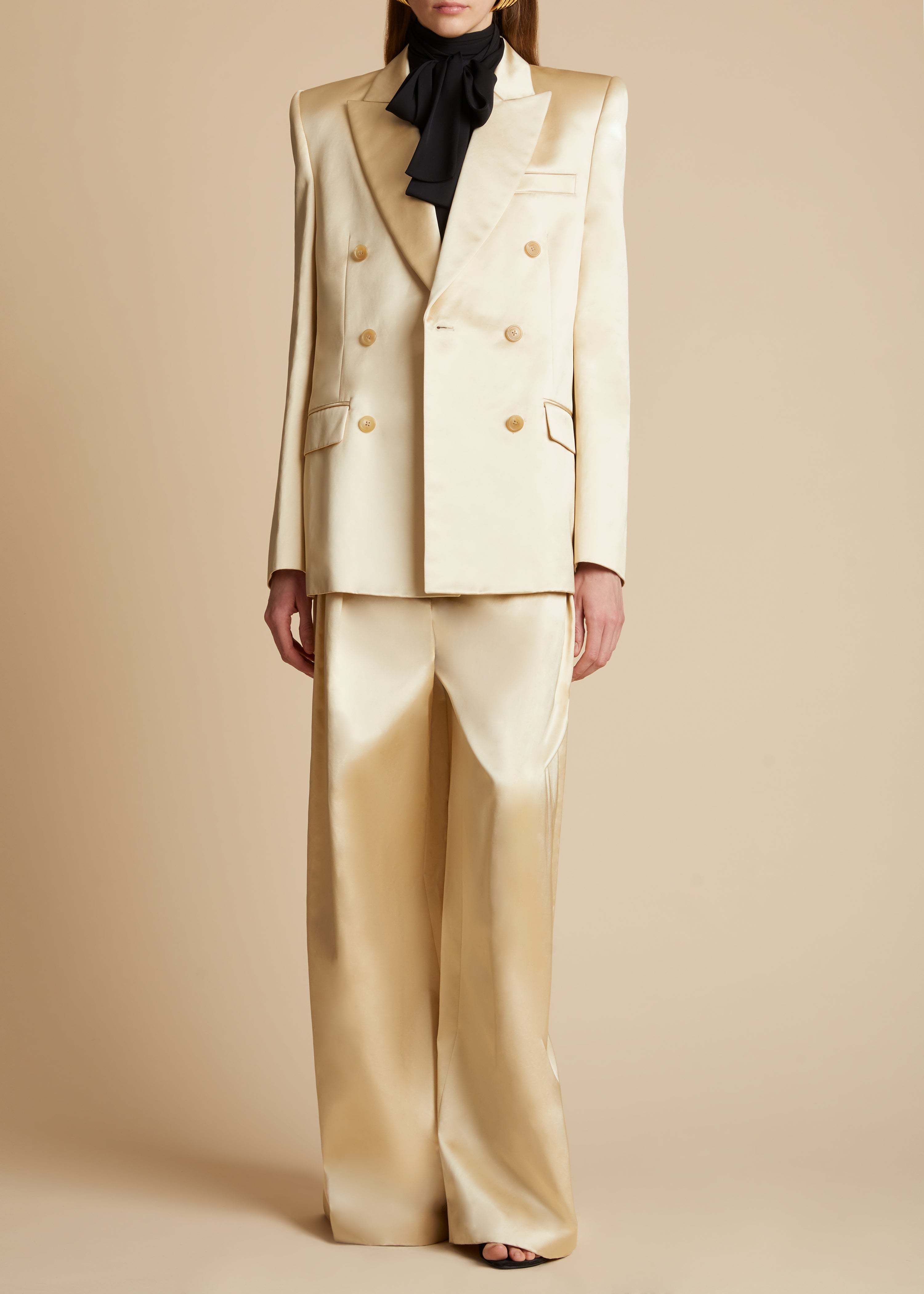 Khaite Nathan Satin Double-breasted Blazer In Nude