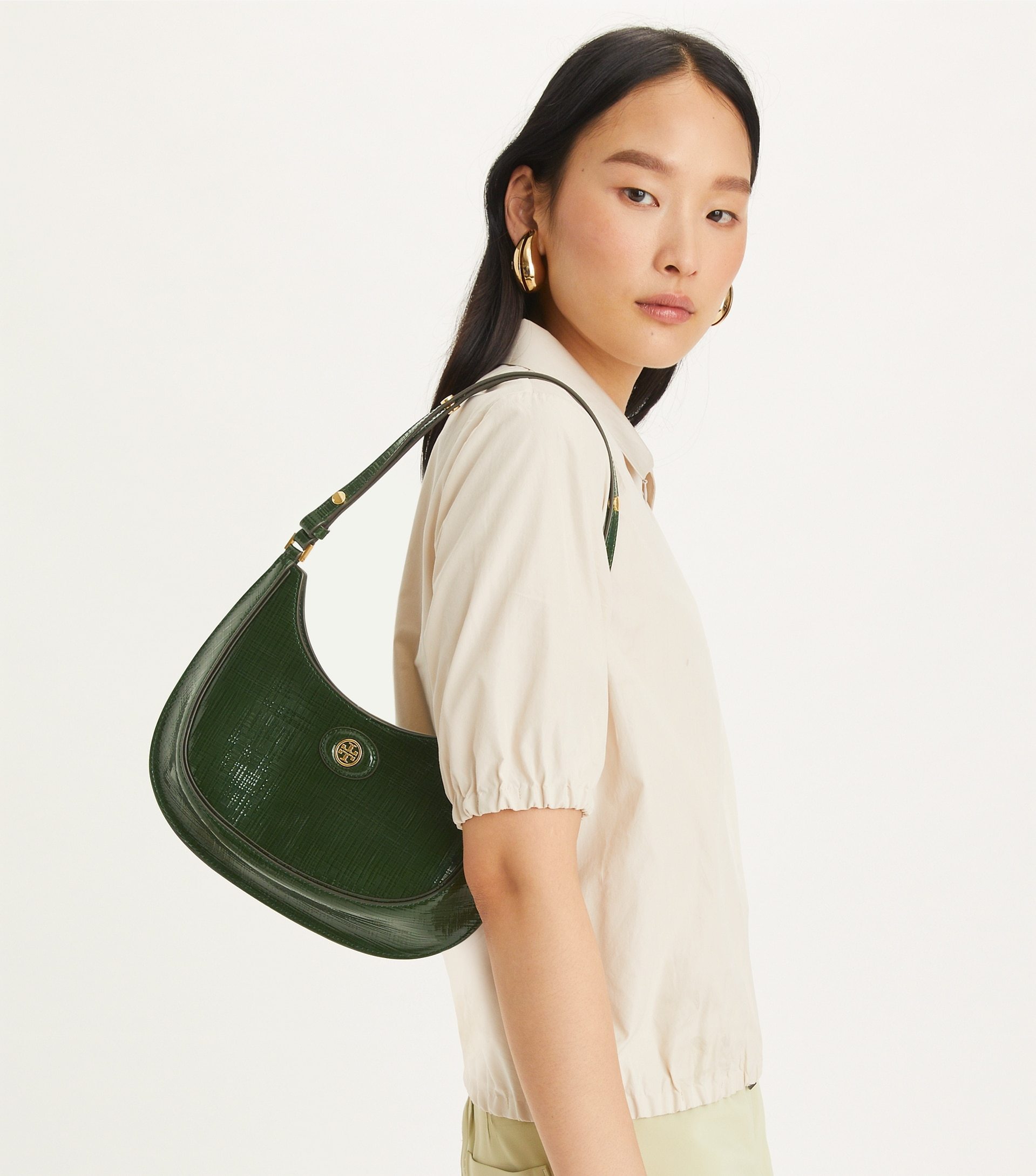 Tory Burch The Robinson Crosshatched Shoulder Bag In Green