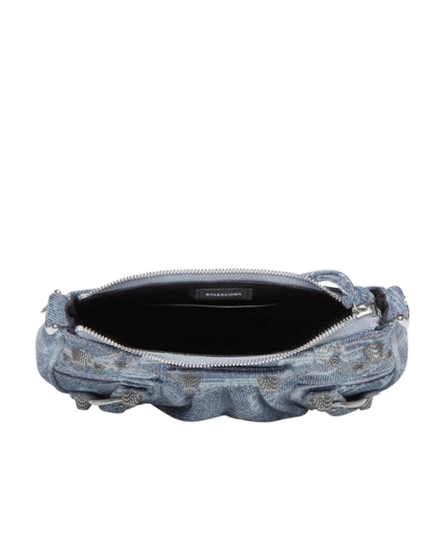 Balenciaga Le Cagole Mini Studded Printed Denim Shoulder Bag In Blue