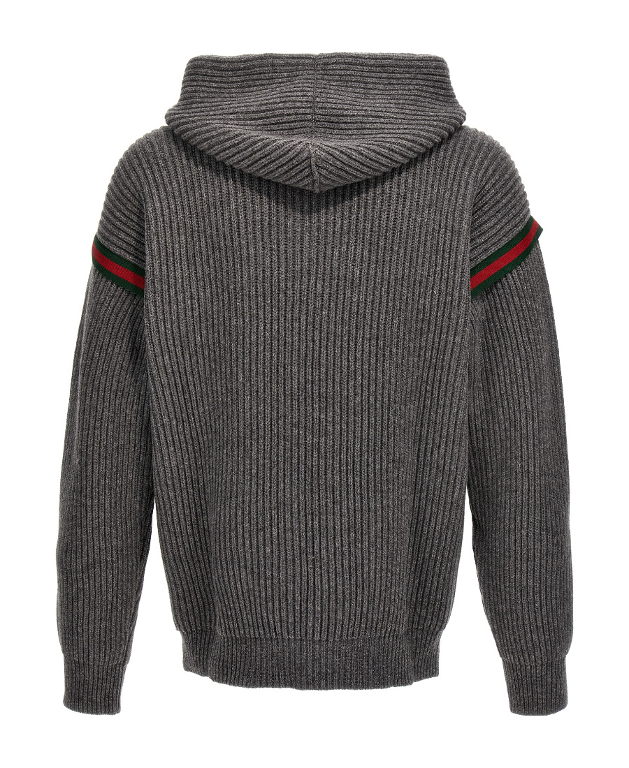 Gucci Hooded Cardigan Web Striped Detail In Gray