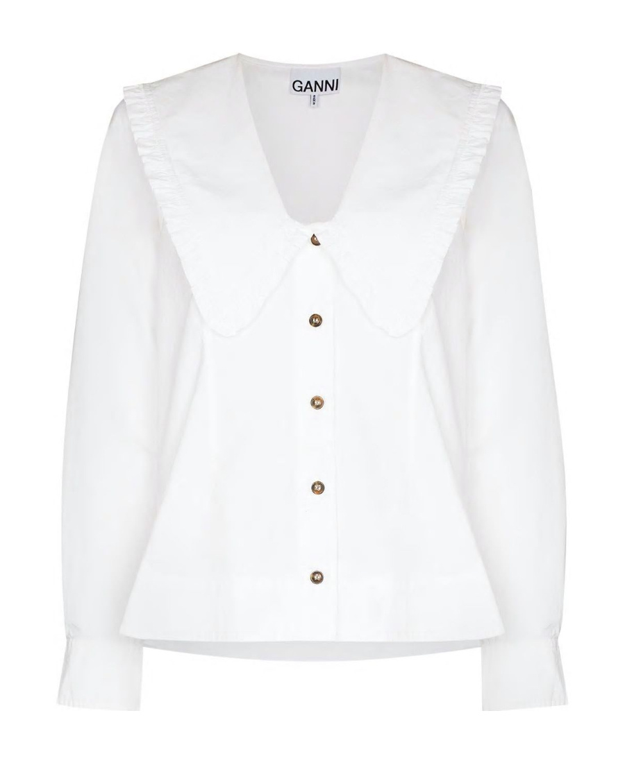 Ganni Ruffled Collar Blouse Featuring Pleats In White