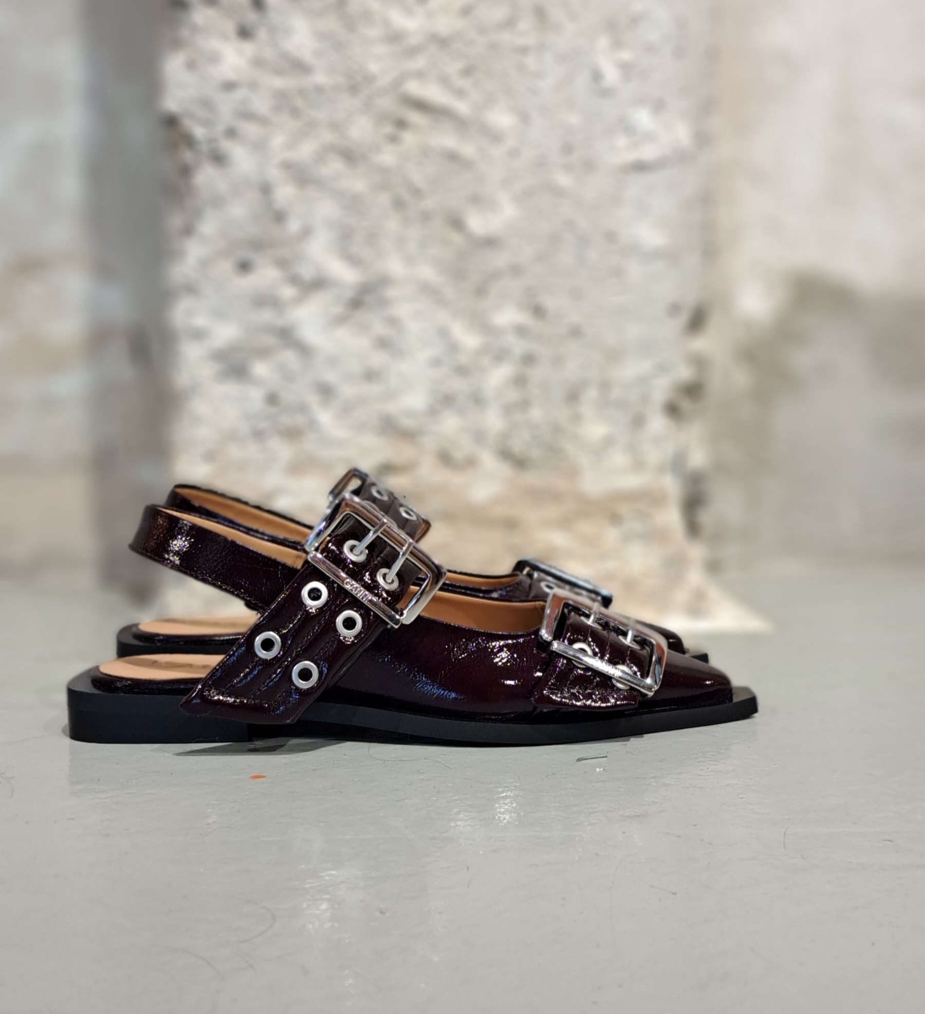 Ganni Embellished Glossed Recycled Point-toe Slingback Flats In Brown