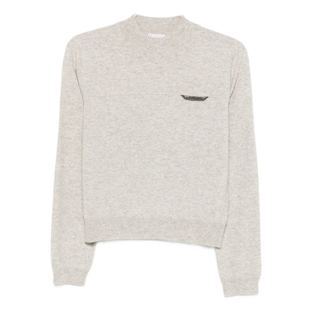 Brunello Cucinelli Cashmere Crewneck Sweater Pocket Detail In Nude