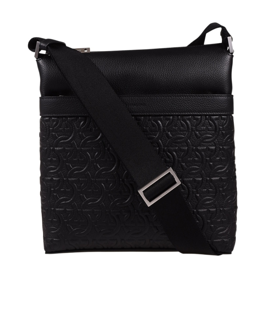 Ferragamo Gancini Pattern Leather Crossbody Bag In Black