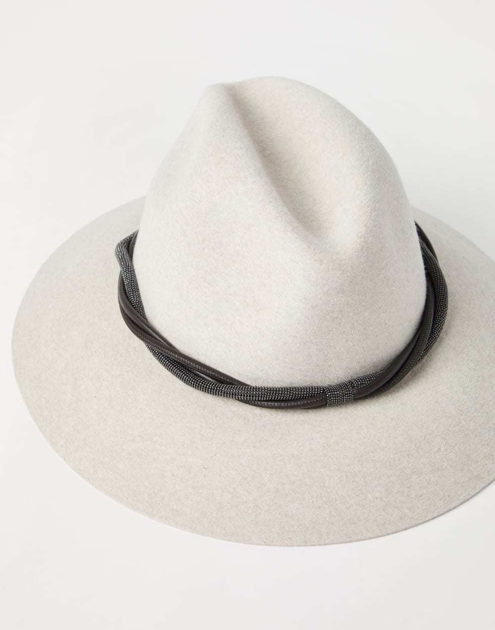 Brunello Cucinelli Felt Fedora With Leather And Monili Band In White