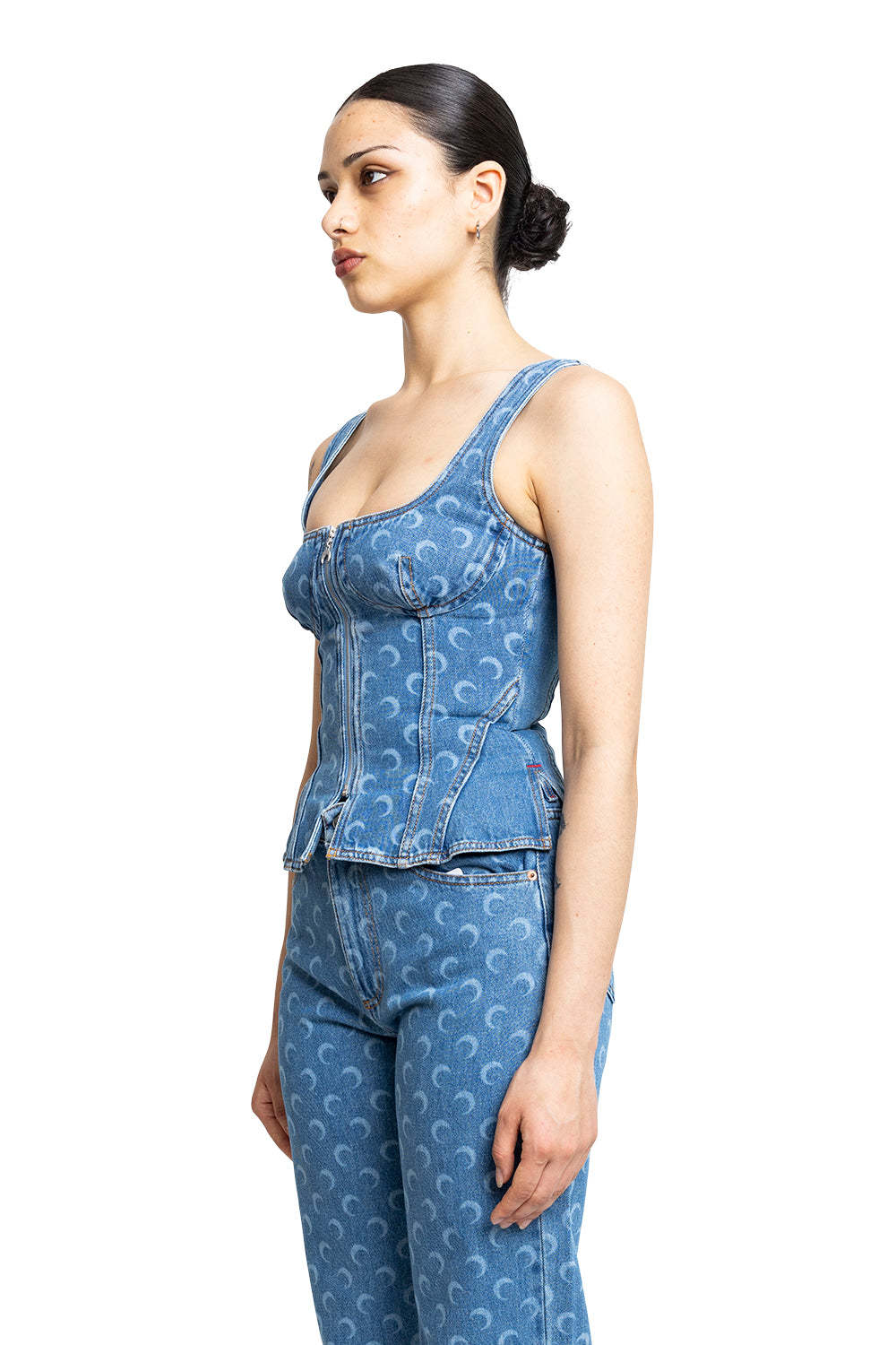Marine Serre Crescent-moon-print Denim Top In Blue