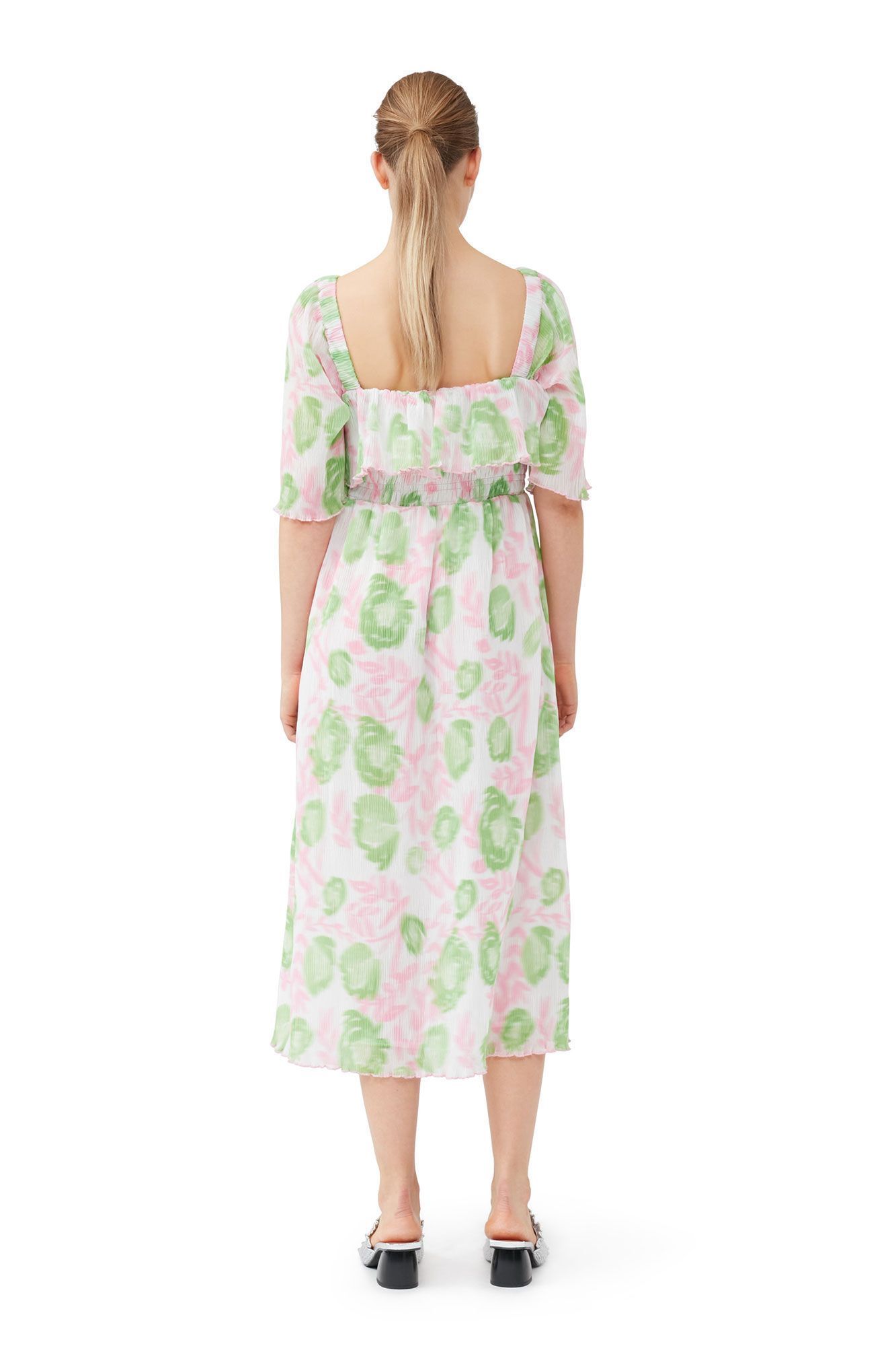 Ganni Short Sleeve Pleated Georgette Midi Smock Dress In Pink