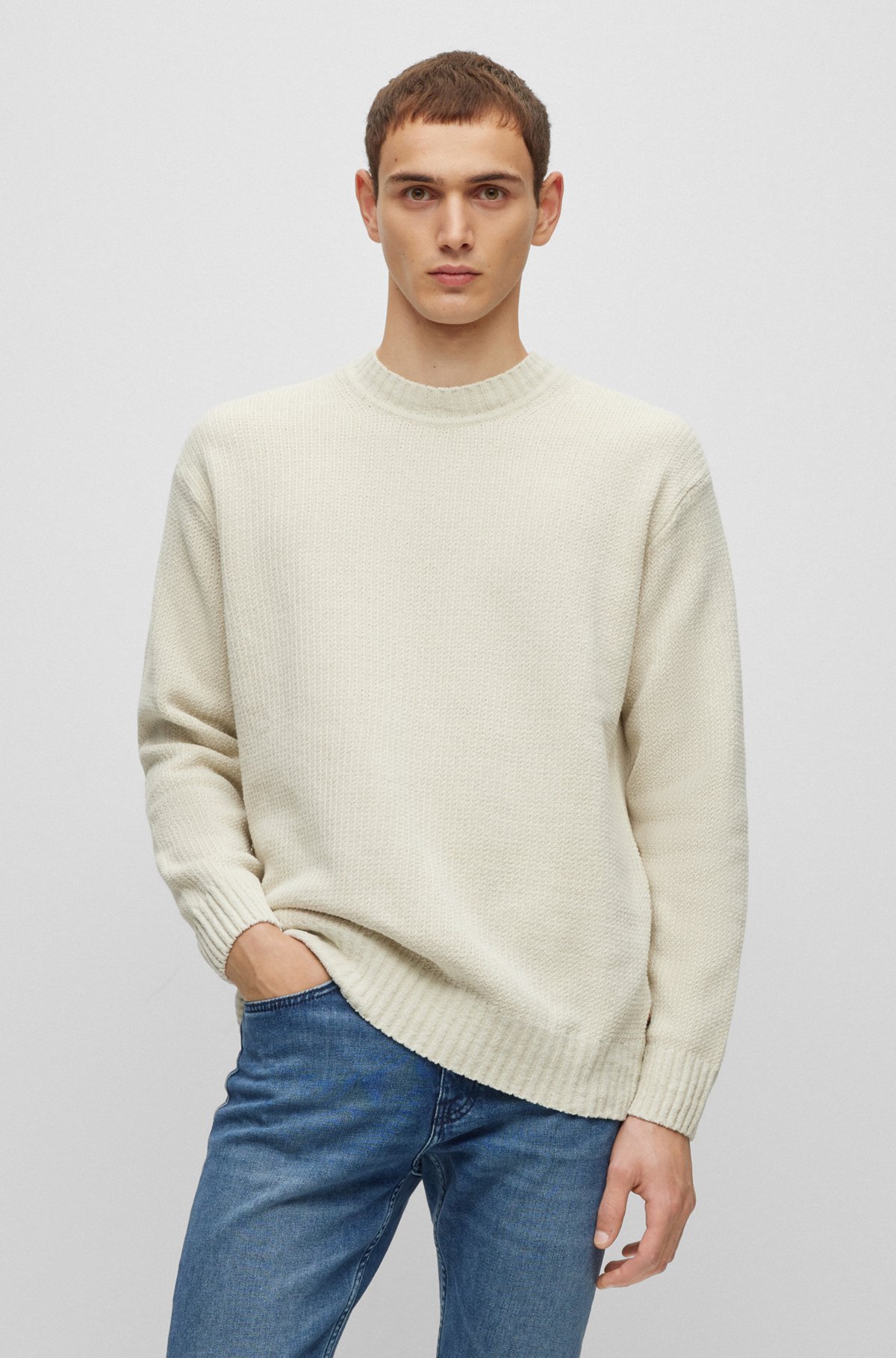 Hugo Boss Ribbed-knit Cotton Jumper In Nude