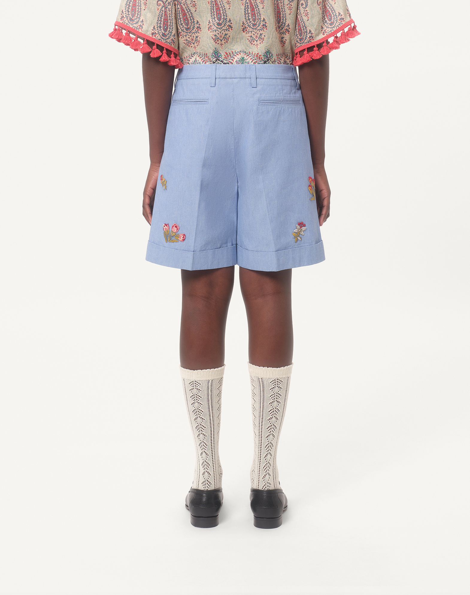 Valentino Denim Embroidered Tailored Shorts In Blue