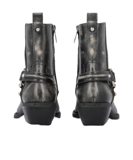 Pinko Texan-style Ankle Boots In Brushed Leather With Metal Toe In Black