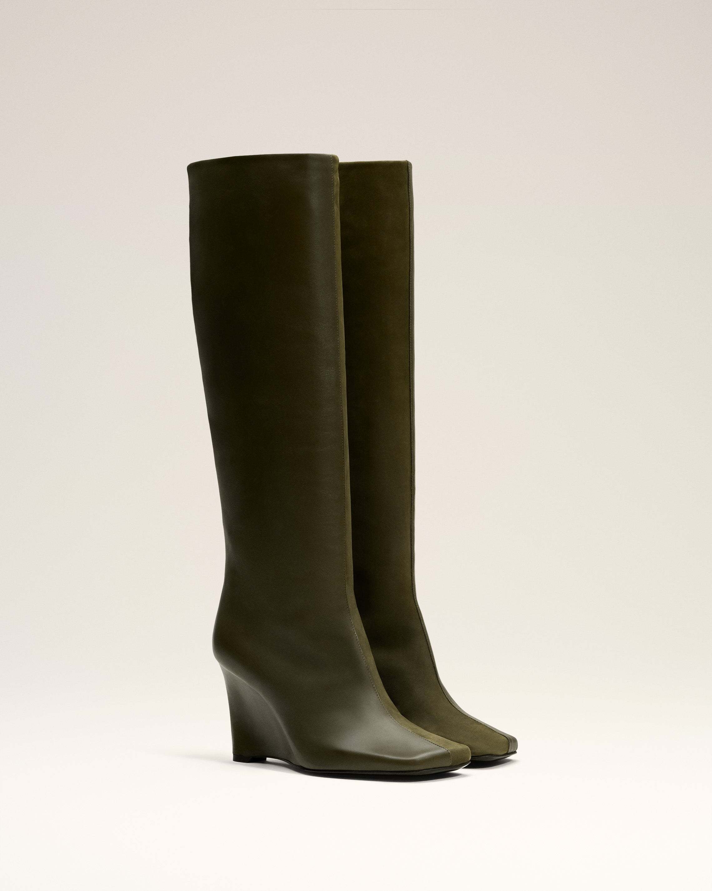 Ami Alexandre Mattiussi Green Leather Bicolor Knee High Boots Green In Brown