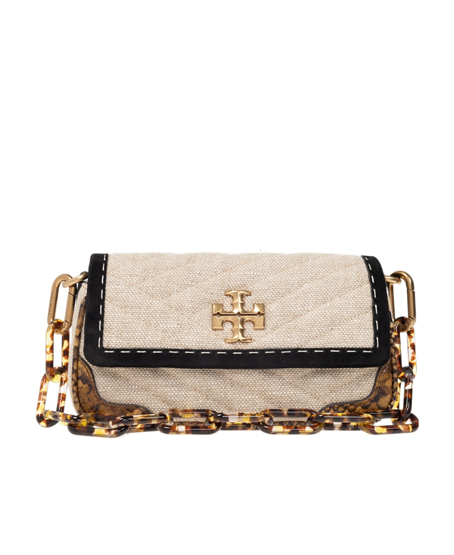 Tory Burch Small Kira Mixed-media Shoulder Bag In Nude