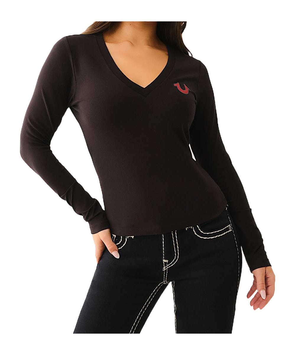 TRUE RELIGION CRYSTAL LOGO LONG SLEEVE V NECK TEE