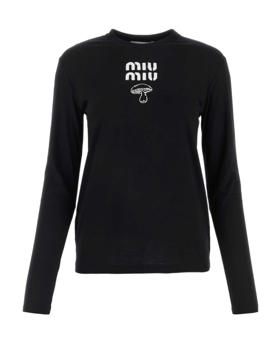 Miu Miu Logo-print Long-sleeve Cotton T-shirt In Black