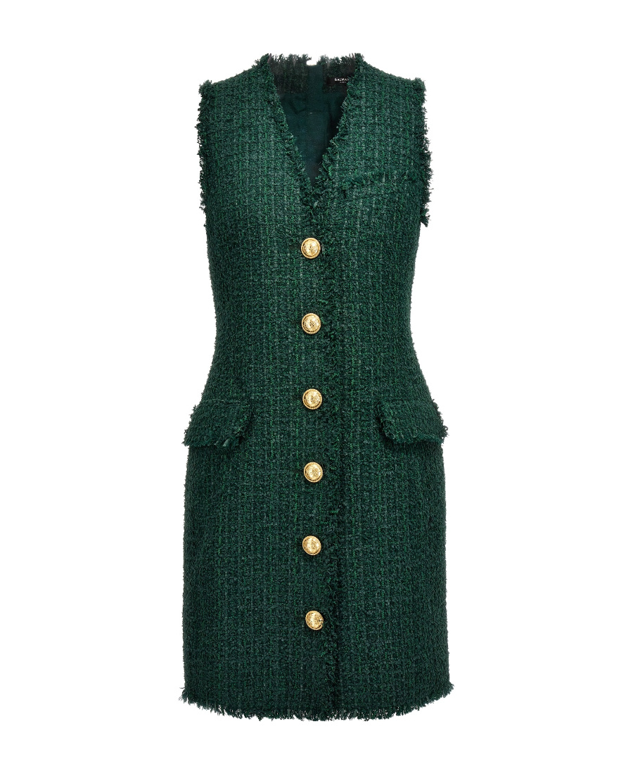 Balmain Button-embellished Tweed Mini Dress In Green