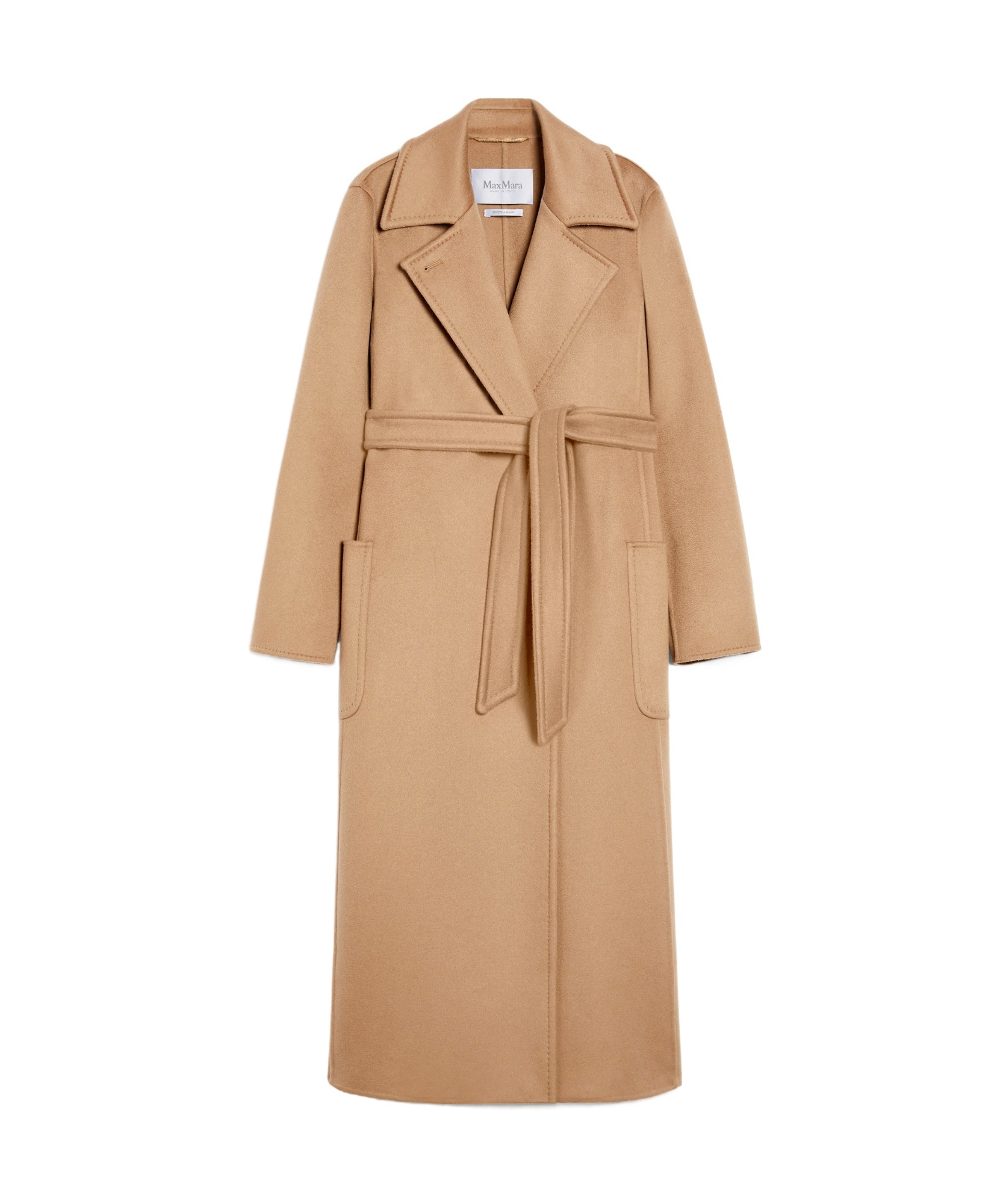 Max Mara Dove Grey Long Coat With Belted Waist And Classic Lapel In Nude