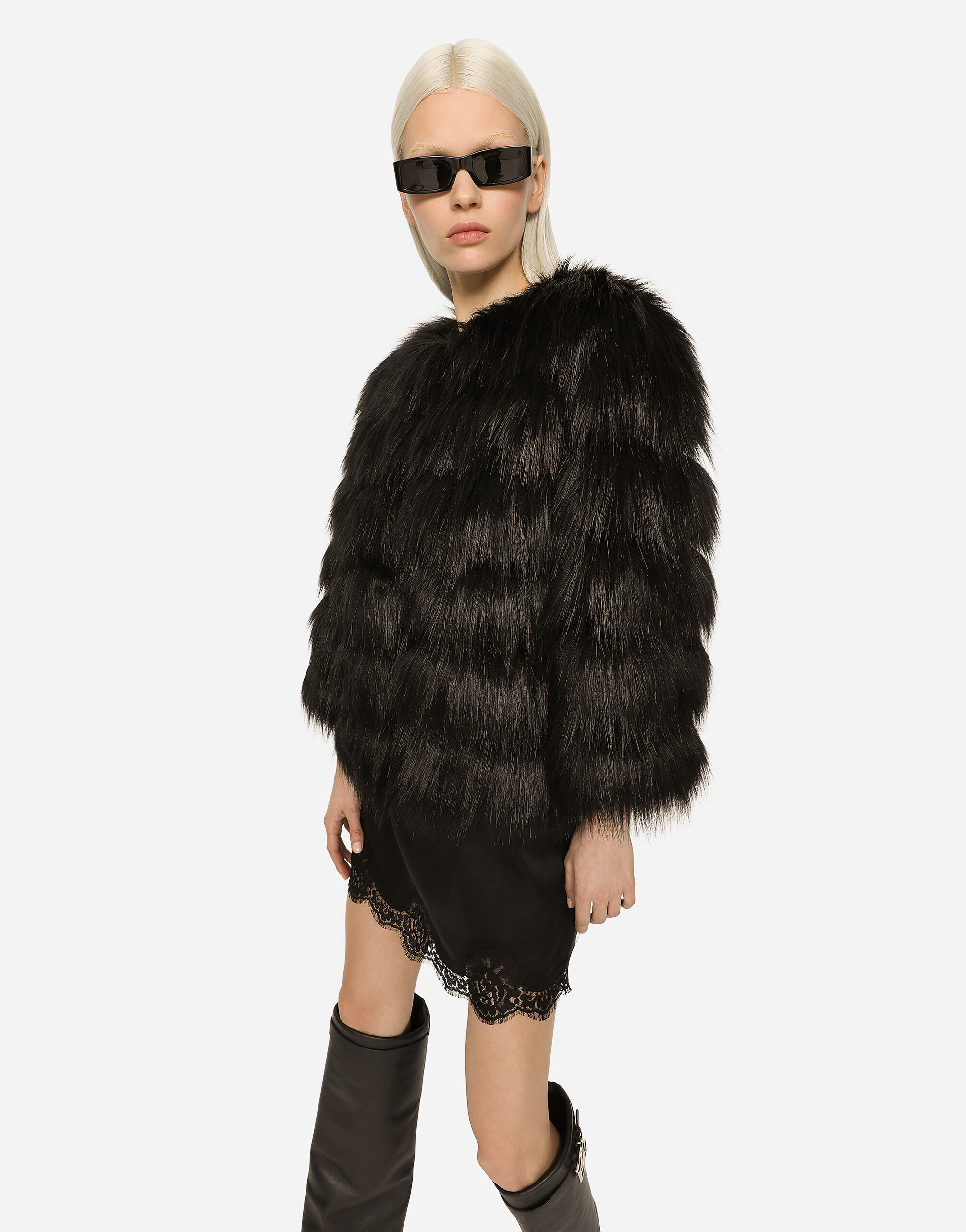 Dolce & Gabbana Faux Fur Cropped Jacket Long Sleeves In Black