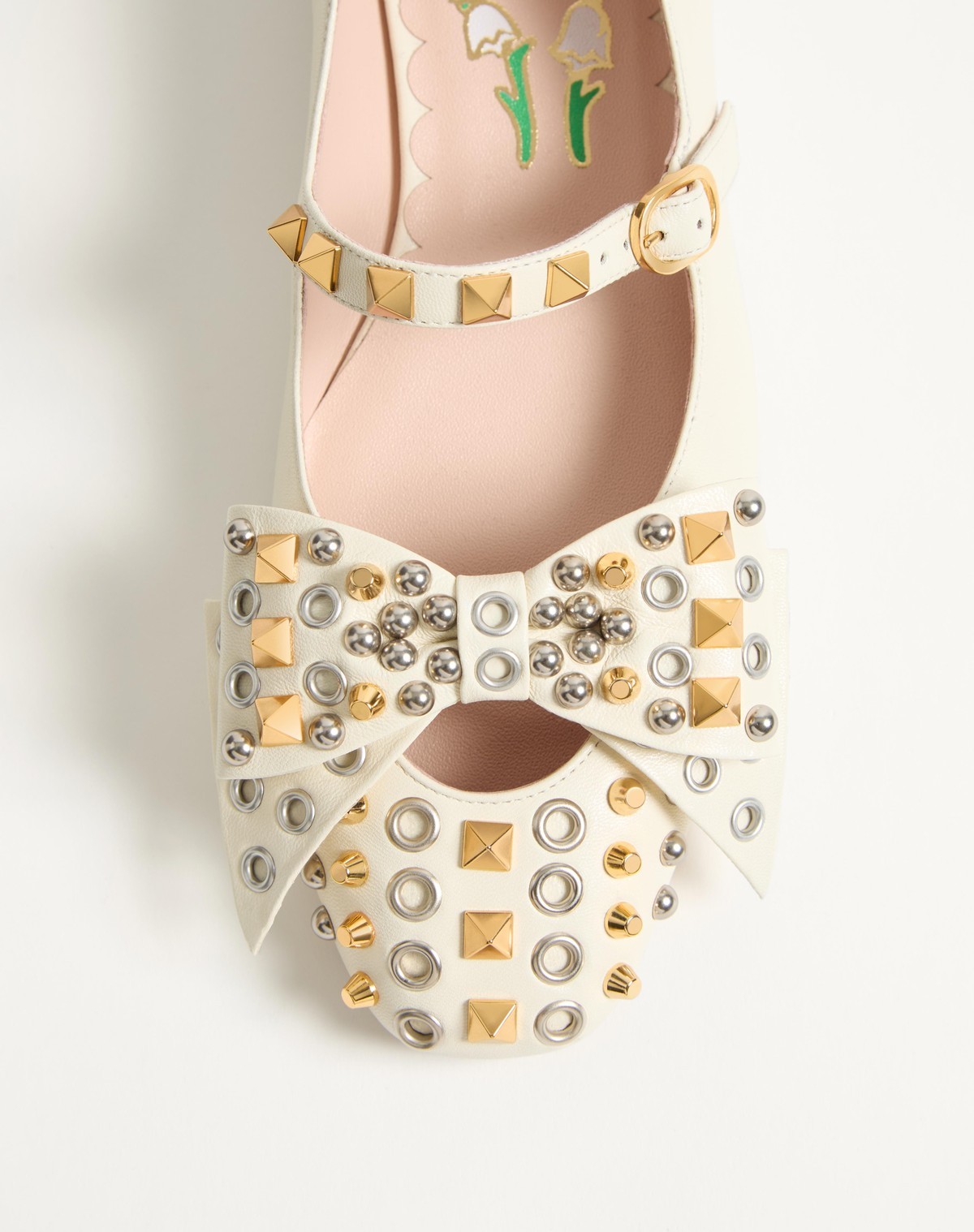 Valentino Mary-jane Bowow Ballerina In Kidskin With Studs In Ivory White