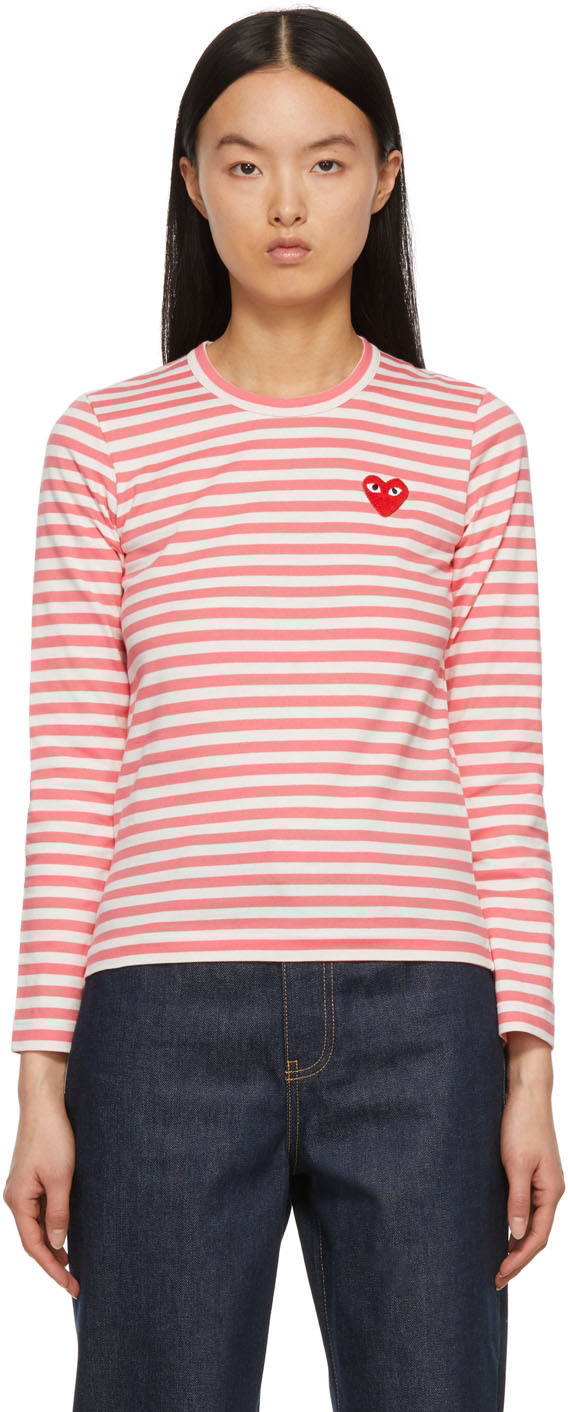 Shop Comme Des Garçons Play Logo Striped Long-sleeved T-shirt In Pink