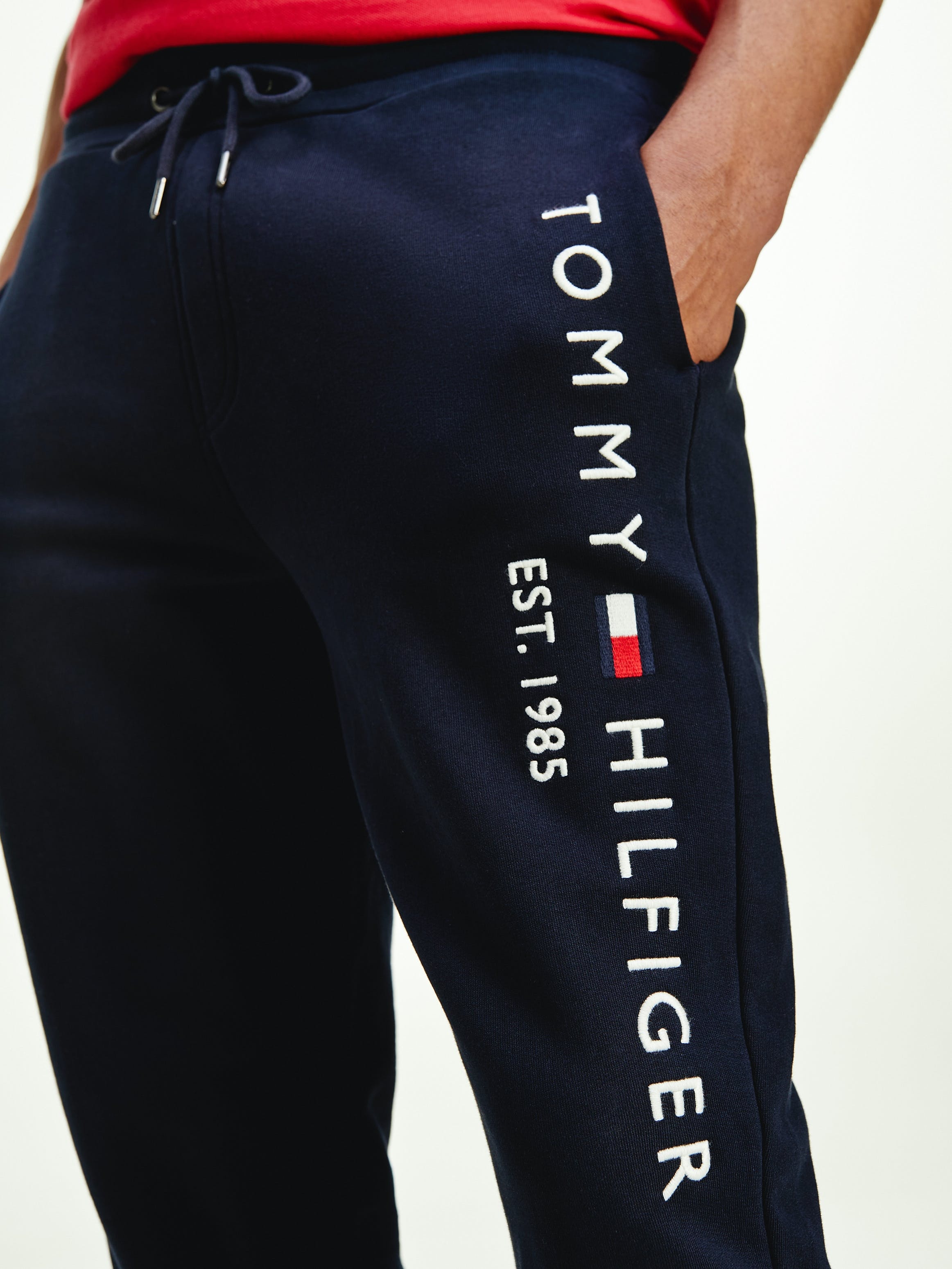 Shop Tommy Hilfiger Logo-embroidered Drawstring Cotton Track Pants In Black
