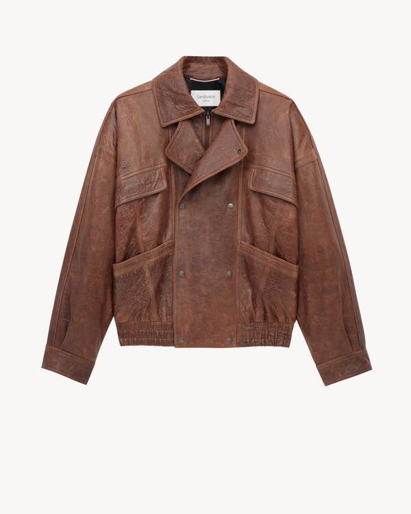 Saint Laurent Leather Jacket With Collared Design And Pockets In Brown