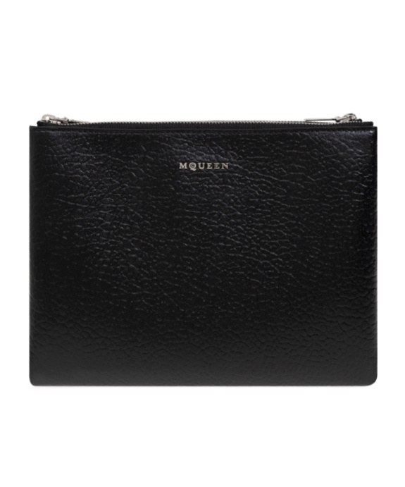 Alexander Mcqueen Black Hammered Leather Clutch Bag With Logo In Black