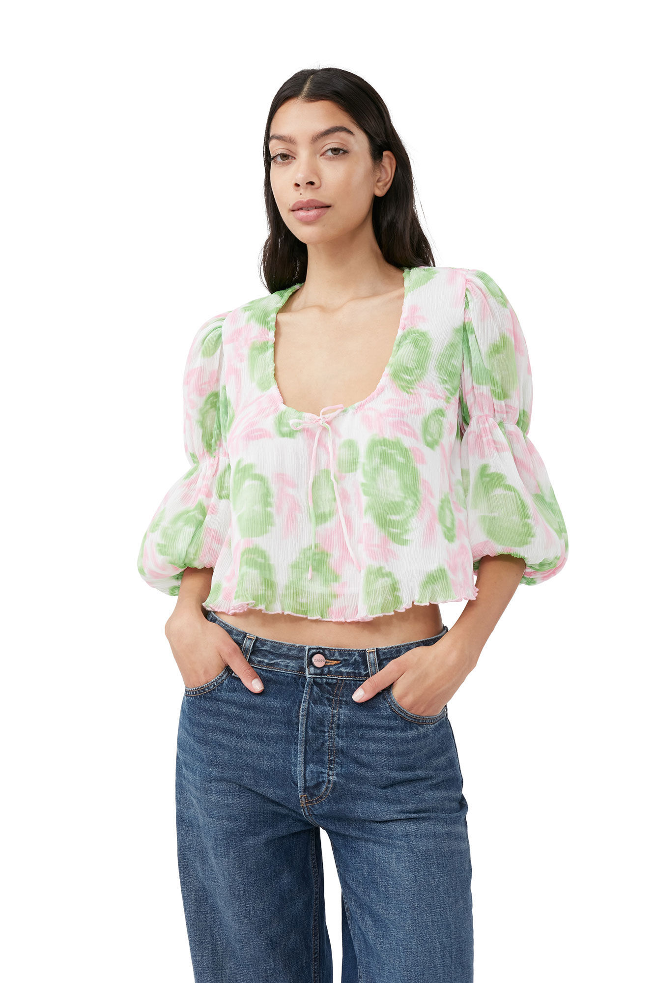 Ganni Short Sleeve Pleated Georgette U-neck Blouse In Pink