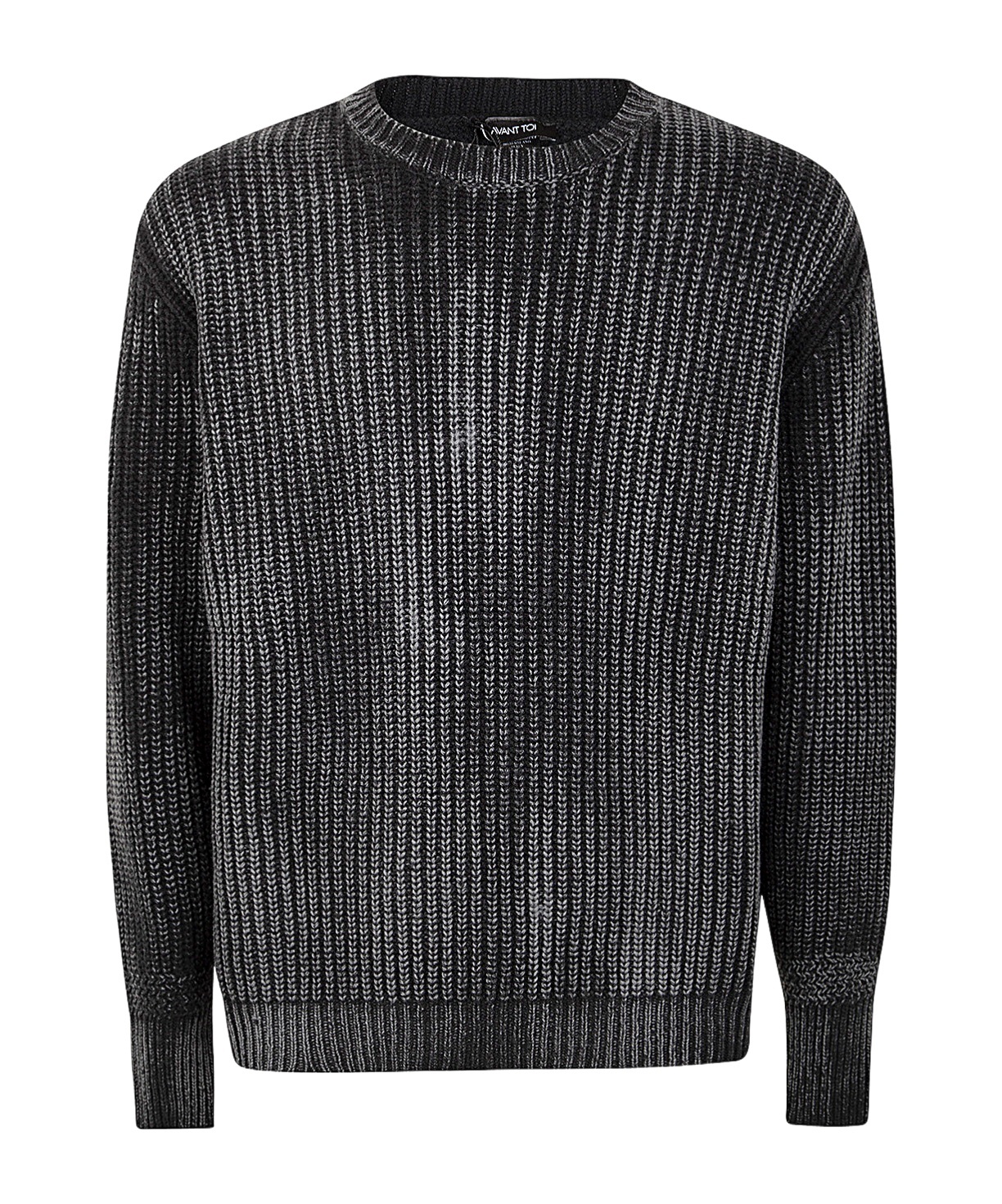 Avant Toi Tonal Effect Ribbed Round Neck Pullover In Cashmere And Wool With Cut Edges In Black