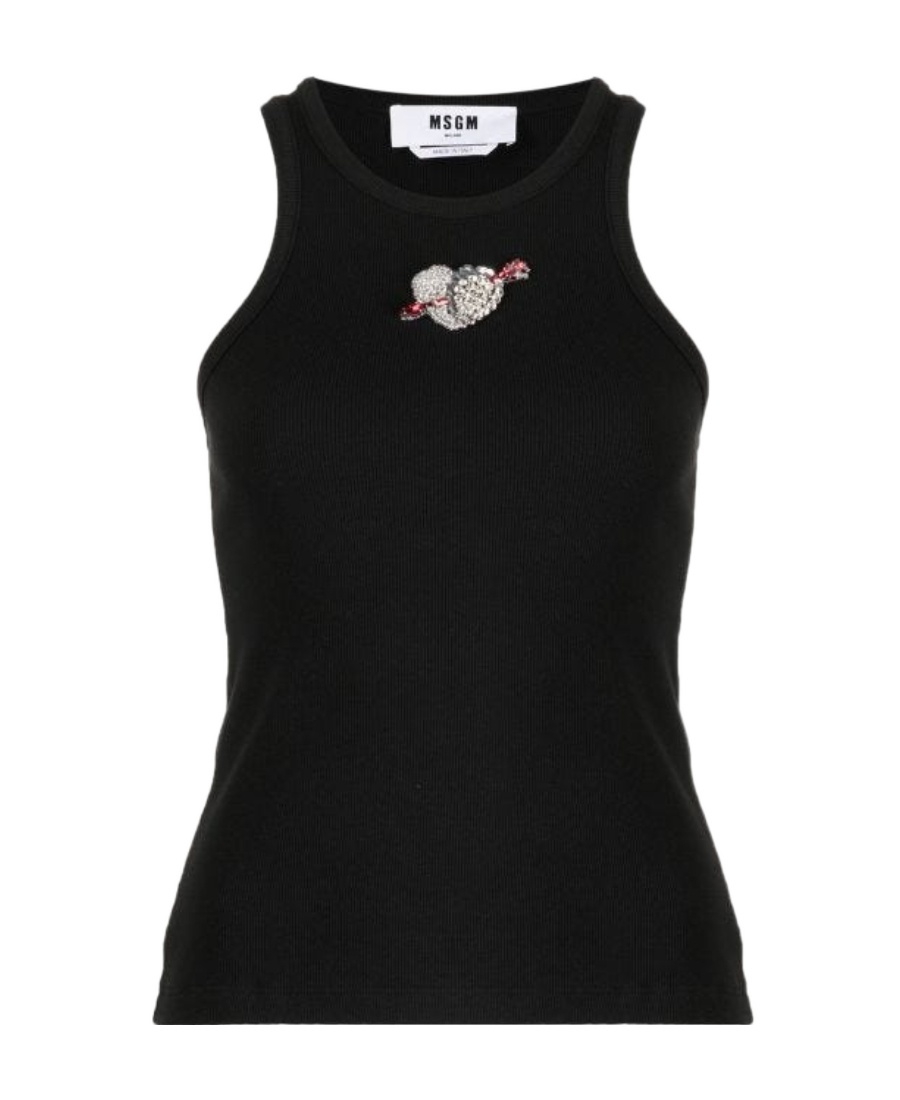 Msgm Fitted Sleeveless Ribbed Cotton Top With Embroidered Detail In Black