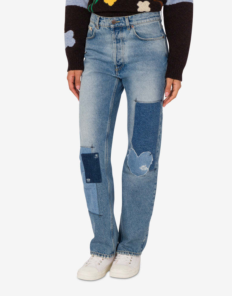 Moschino Straight Patchwork Trousers Heart Patch In Blue