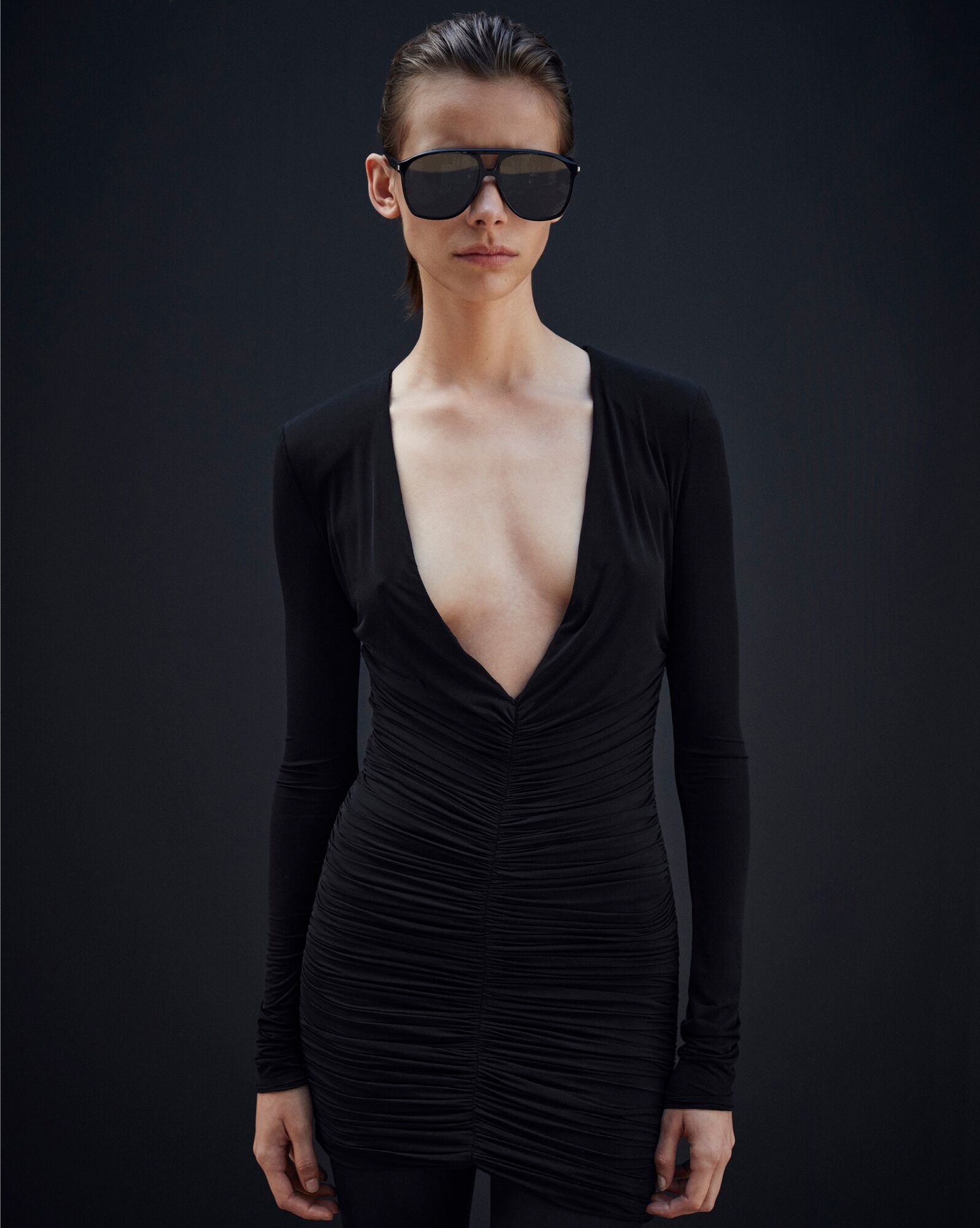 Saint Laurent Ruched V-neck Minidress In Black
