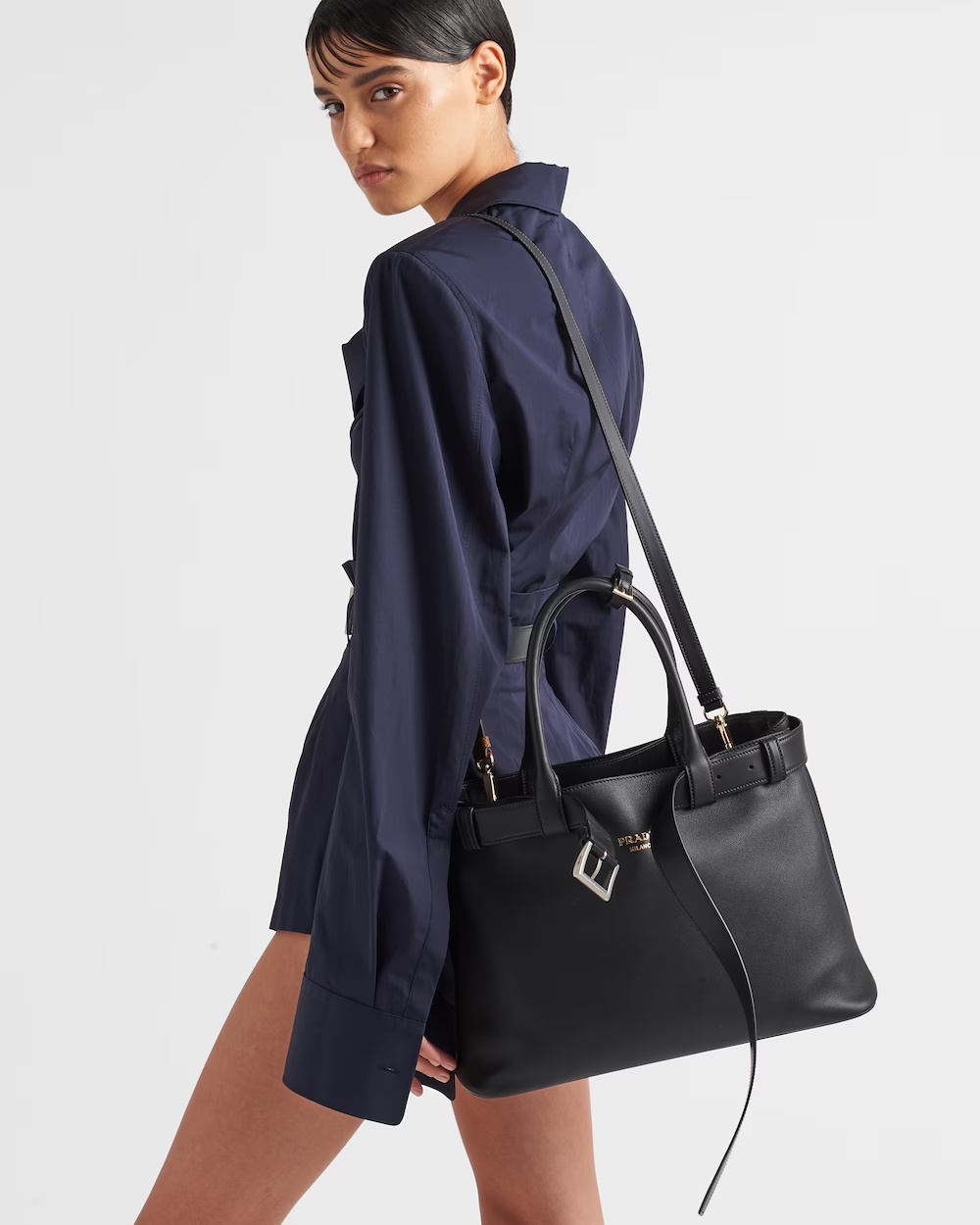 Prada Buckle Large Leather Handbag With Belt In Black