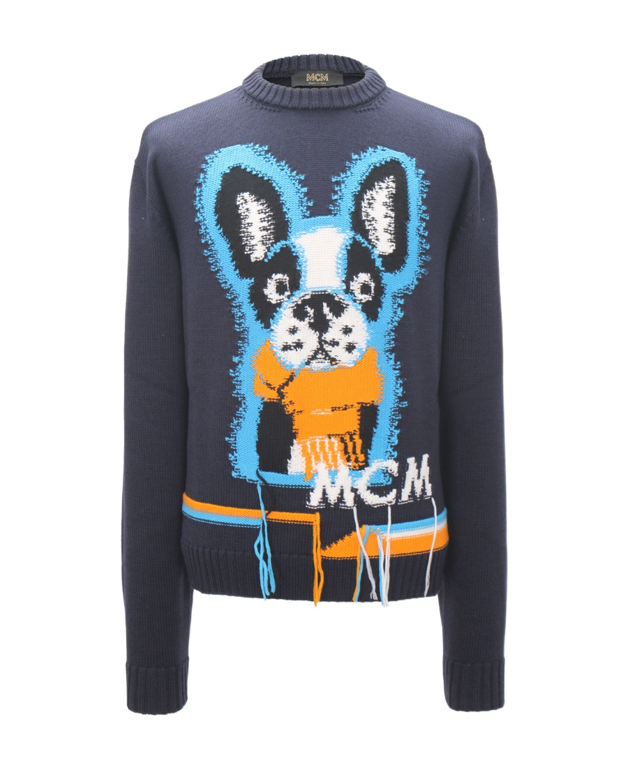 Mcm Pattern Logo Embroidered Sweater In Blue