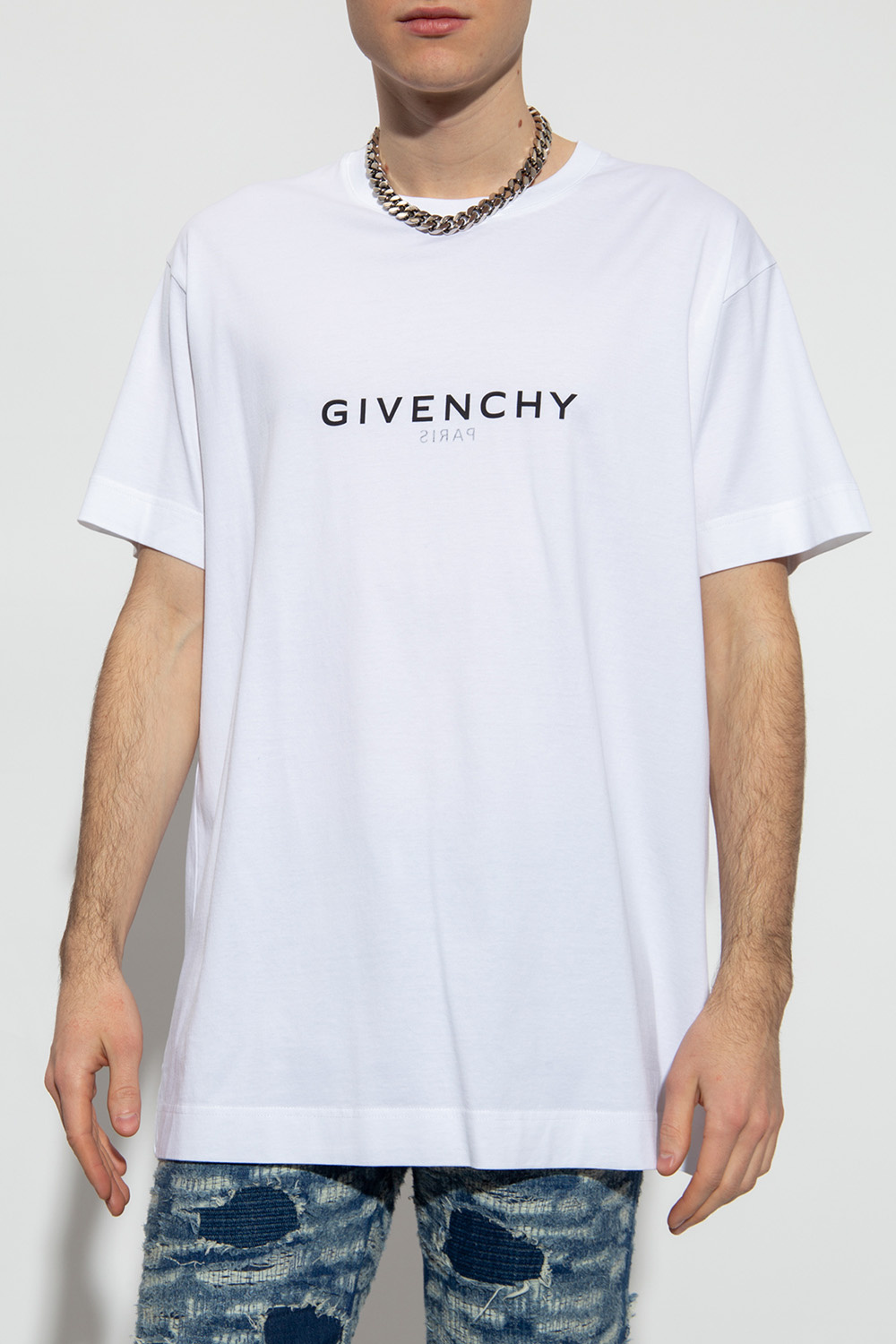 Givenchy White Crewneck T-shirt With Logo Print In Cotton Man In White